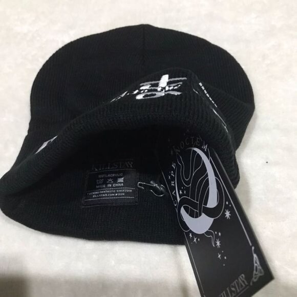 Killstar Follow Me Into The Dark Beanie – Black Acrylic Knit, White Logo Unisex - Picture 5 of 5